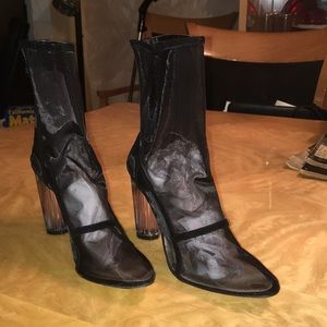 Mesh black booties with clear heel